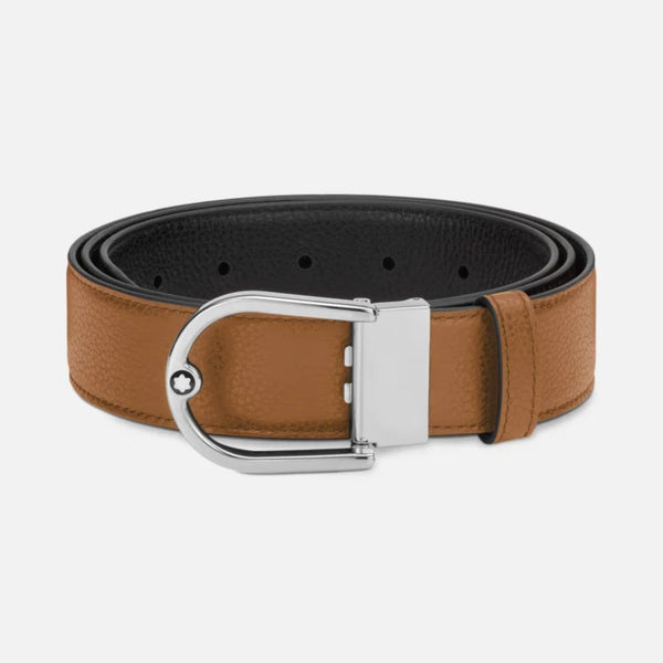 Horseshoe buckle grainy caramel/black 35mm reversible leather belt