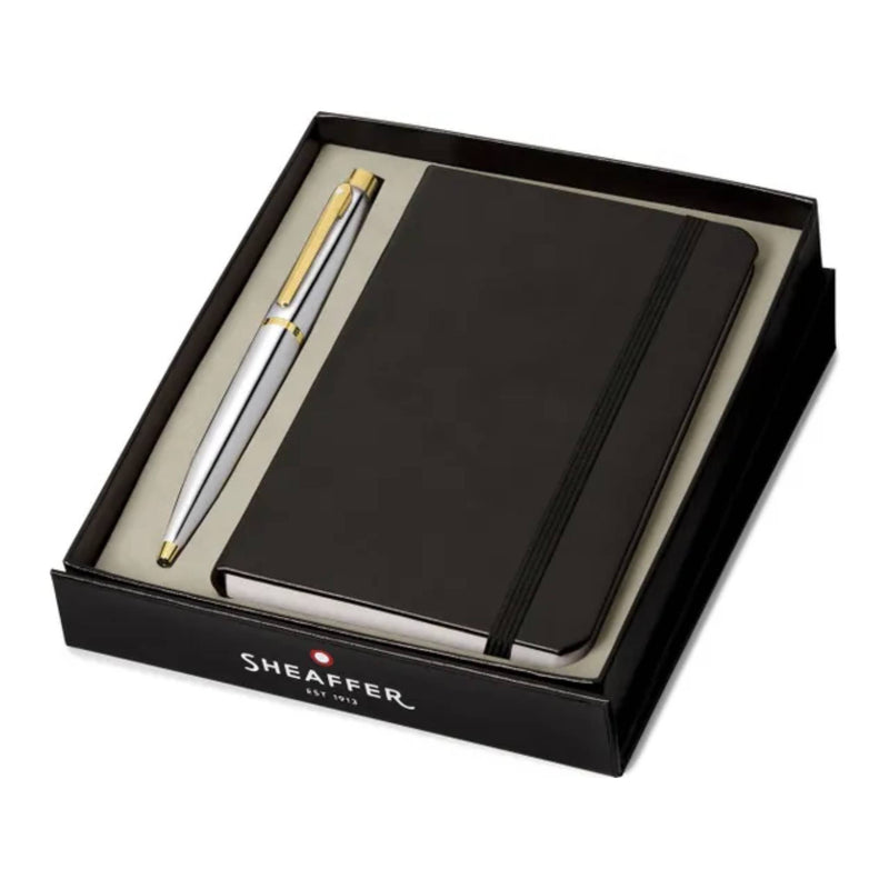 Sheaffer VFM Polished chrome gold plated balpen met A6 notebook